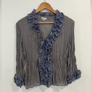 Vintage Jaipur Ruffle Y2k Button Up Blouse M Crinkle Gray Blue